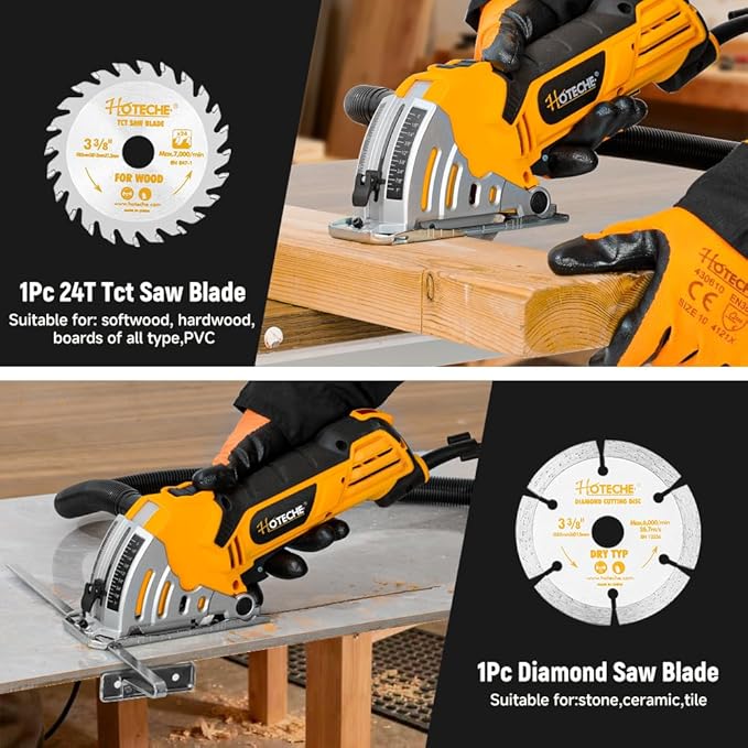 Hoteche 3-3/8-Inch Mini Circular Saw, 500W Compact Electric Circular Saw with 2pcs Blades for Wood, Tile & Soft Metal, Includes Dust Tube, and Parallel Guide