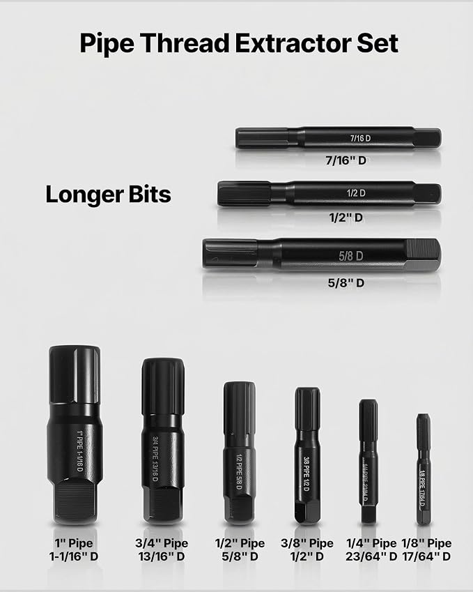 VEVOR Pipe Extractor Set, 9 Pieces Heavy Duty Steel Broken Pipe Extractors, with Solid Storage Case, Cr-Mo Steel for Removing 1/8" to 1" Damaged Threaded Pipes and Fittings, for Plumbers Mechanics DIY