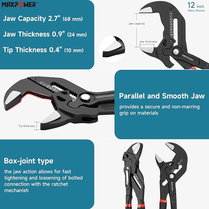 MAXPOWER 12-inch Pliers Wrench, 2.7-inch Jaw Opening, Smooth Parallel Jaws