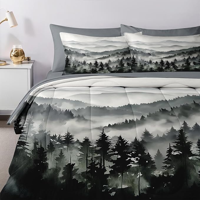 Nesker Comforter Set Queen Size, Ink Forest 7 Pcs Bedding for Kids and Adults, Misty Mountains Bed Sheet Sets with Fitted Sheet 2 Pillowcases & 2 Shams