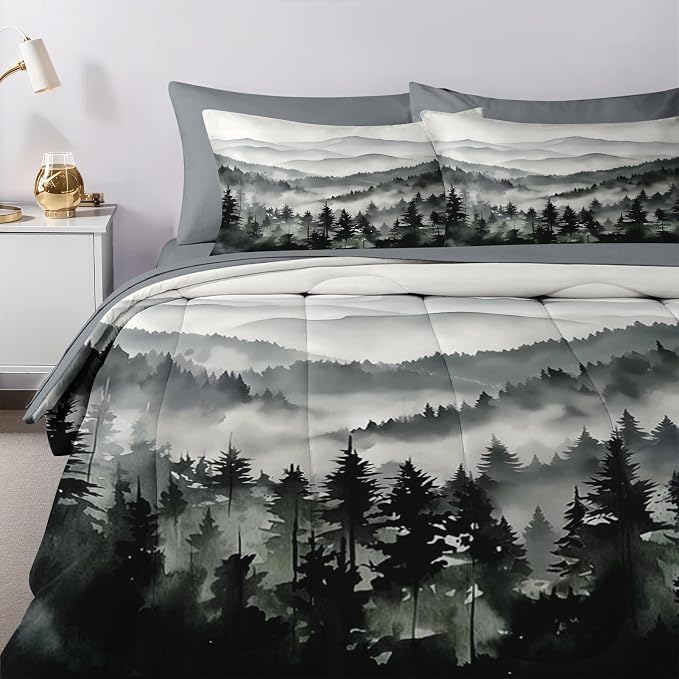 Nesker Comforter Set Full Size, Ink Forest 7 Pcs Bedding for Kids and Adults, Misty Mountains Bed Sheet Sets with Fitted Sheet 2 Pillowcases & 2 Shams