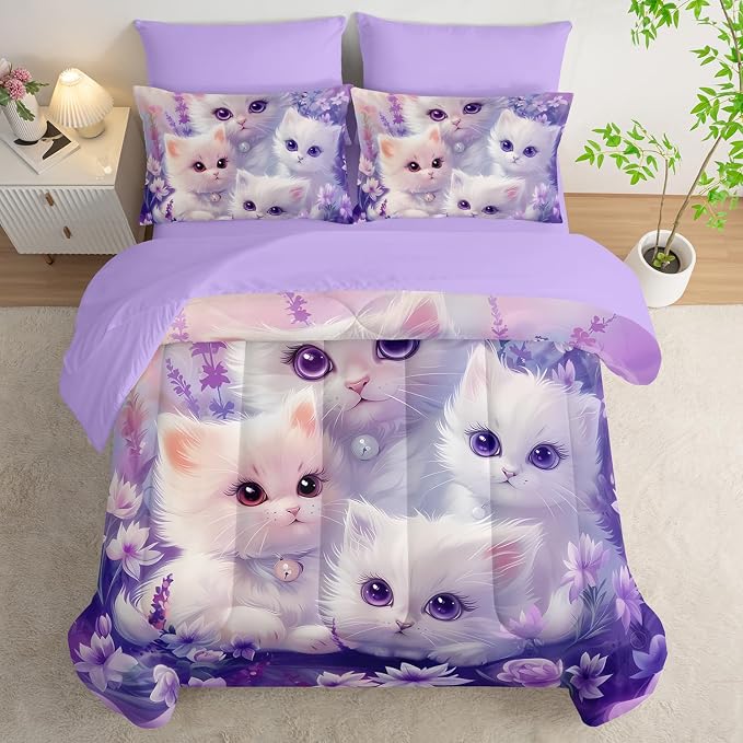 Cat Bedding 7 Piece Comforter Set King Size,Cute Animal Themed Bed Set for Girls Room Decor,Kids Bedding with 1 Comforter,1 Flat Sheet,1 Fitted Sheet,4 Pillowcases.