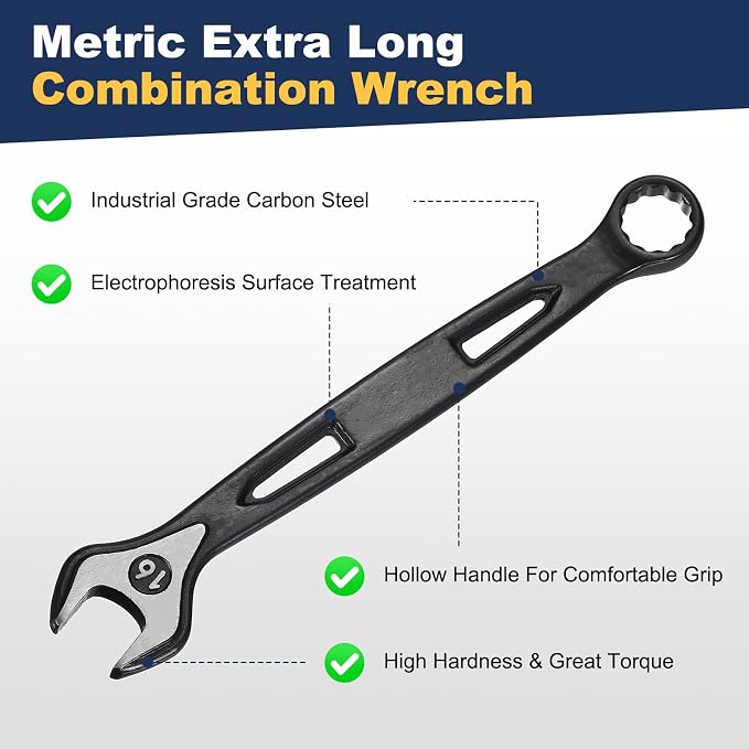 HARFINGTON Combination Wrench 16mm Metric Extra Long 12-Point Box and Open End Carbon Steel Double Ended Industrial Grade Spanner for Automotive Furniture Machinery DIY Repair, Black