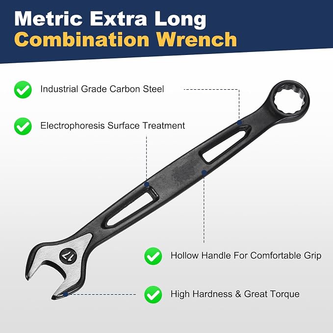HARFINGTON Combination Wrench 17mm Metric Extra Long 12-Point Box and Open End Carbon Steel Double Ended Industrial Grade Spanner for Automotive Furniture Machinery DIY Repair, Black