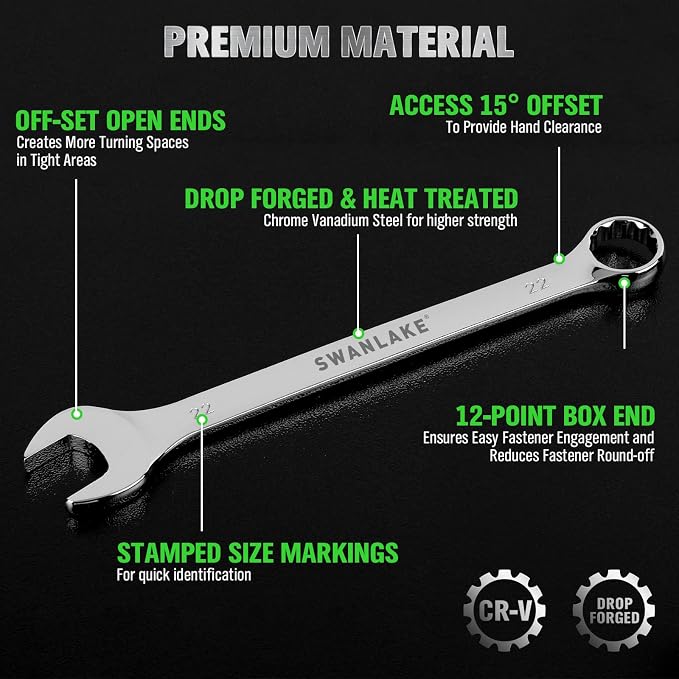 SWANLAKE 30-Piece Combination Wrench Set, Metric & SAE (8-22mm & 1/4” to 1-1/16”),12-Point Open End Standard Wrench Set, Mechanics Wrenches Sets, Chrome Vanadium Steel with Storage Rack