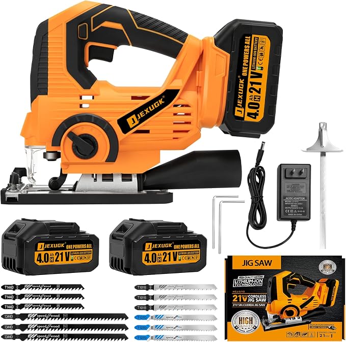 JEXUGK Cordless Jigsaw, 21V Power Jig Saw with 2 x 4.0Ah Batteries, 4 Orbital Settings, ±45° Bevel Cuts, 3200 RPM Variable Speed Jigsaw Tool with 12 Blades, Jigsaw Cutter for Wood Metal Cutting