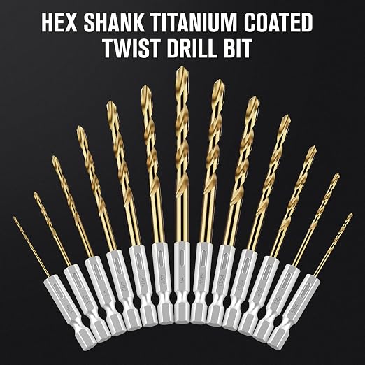 Drill Bit Set, 19Pcs Hex Shank Titanium Twist Drill Bit for Sheet Metal, Wood, Plastic, Quick Change Design (1/16" - 1/4")