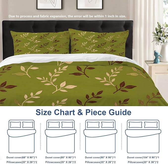 Batmerry Green Brown Leaves Twin Size 100% Cotton Duvet Cover Sets, Art Plant Illustration Bedding Set with Zipper Closure Corner Ties, 3 Pieces (1 Cover + 2 Pillowcases No Comforter)