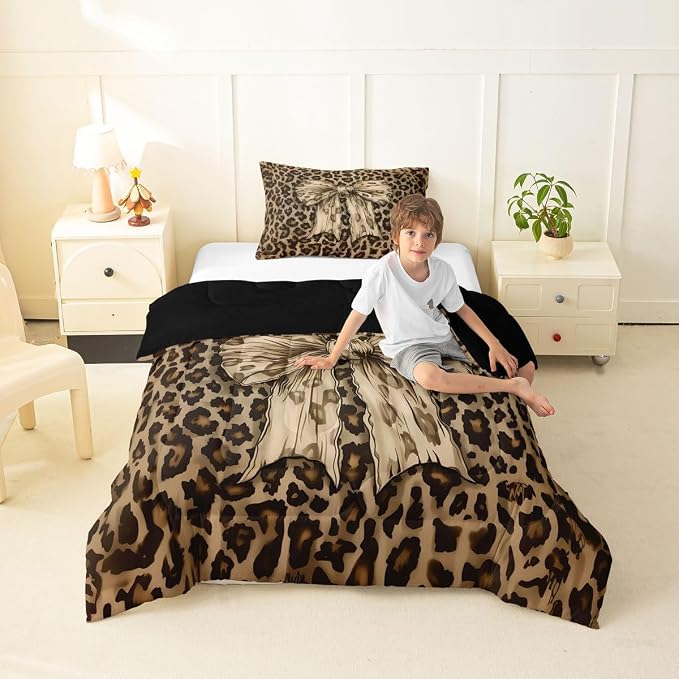 Feelyou Leopard Print Comforter Set Toddler Size Cute Bow Bedding Set for Kids Boys Girls Cheetah Animal Fur Duvet Quilt Bedroom Decor Microfiber 2 Pcs with 1 Pillow Cases
