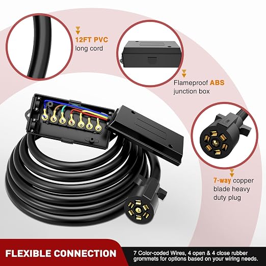 Nilight Heavy Duty 7 Way Inline Trailer Plug with 7 Gang Junction Box | Weatherproof 12 Feet Connector Cable Wiring Harness Suitable for RV Automotives Cars