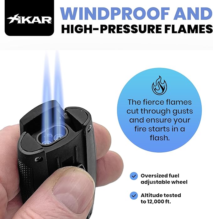 Xikar Turismo Double Jet Flame Butane Torch Lighter, Silver | Wind Resistant, Refillable Fuel Tank with EZ-View Window, Adjustable Flame, Easy Push Ignition, Flip-Top Lid, High Altitude Tested