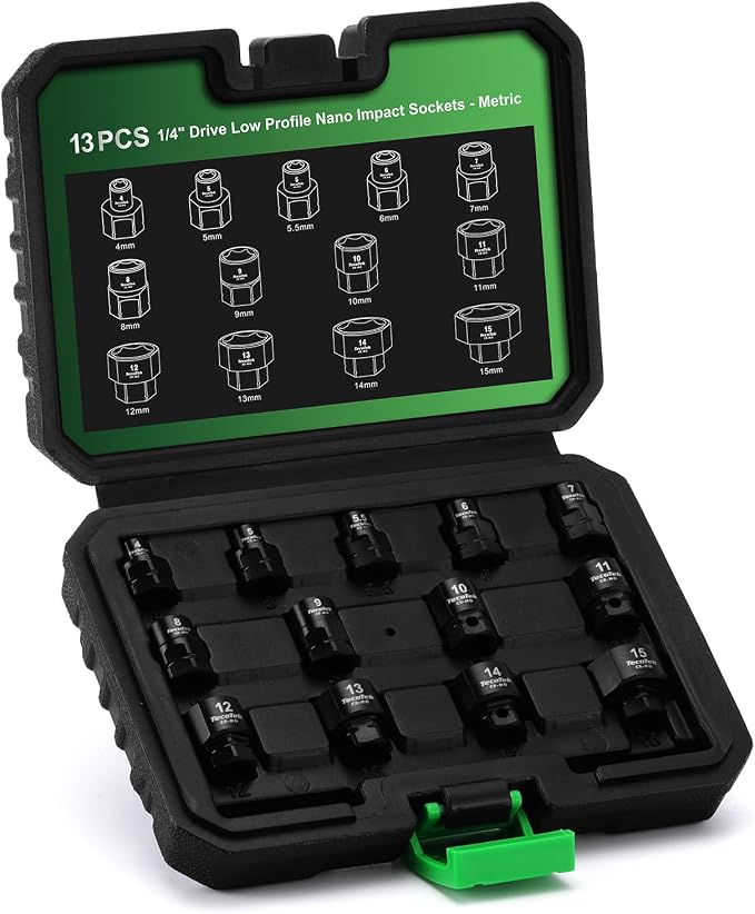 TecoTek 13-Piece 1/4-Inch Drive Metric Low Profile Impact Socket Set, Stubby Socket Set, 4mm to 15mm, No Skips Sizes, 6 Point, Cr-Mo, Shorter Socket for Tight Areas
