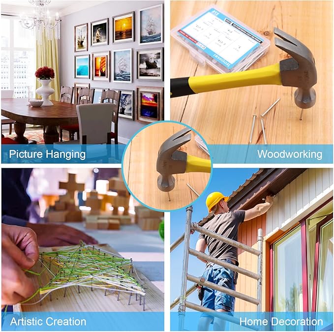376pcs Hardware Assortment Kit with 2" Nails & 8oz Claw Hammer for Hanging Pictures, Finishing, Wall, Small, Wood Nails and Hammer