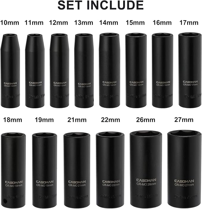 CASOMAN 1/2-Inch Drive Deep Impact Socket Set, 14 Pieces Set, 10mm-27mm, CR-MO, Metric, Heavy Duty Storage Case