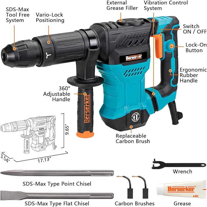 Berserker 1300W 12-Pound SDS-Max Demolition Jack Hammer 45HM,11-Amp Corded | Small Lightweight Electric Concrete Breaker for Tile Removal with Vibration Control,Trigger Lock,Carrying Case & 2 Chisels