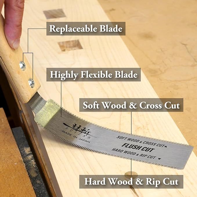 SUIZAN Flush Cut Saw 6" - Japanese Pullsaw Hand Saws Wood Cutting | Professional Pull Saw for Woodworking Furniture Making DIY Tools Dowel Trim Plugs No Set Teeth Sharp Replaceable Blade Ryoba