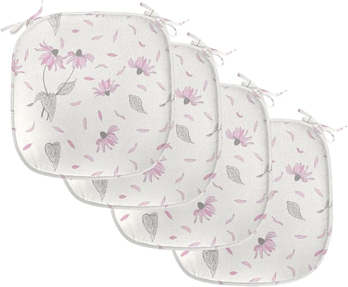 Lunarable Echinacea Chair Seating Cushion Set of 4, Spring Romance Repeating Floral Pattern in Pastel Tones, Anti-Slip Seat Padding for Kitchen & Patio, 16"x16", Off White Pale Pink