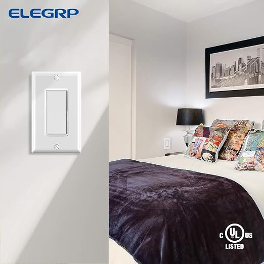 ELEGRP 3 Way Decorative Light Switch, 15Amp, 120-277 Volt, AC Decorator Rocker Paddle Wall Switch Replacement, Self-Grounding, Residential and Commercial Grade, UL Listed (20 Pack, Glossy White)