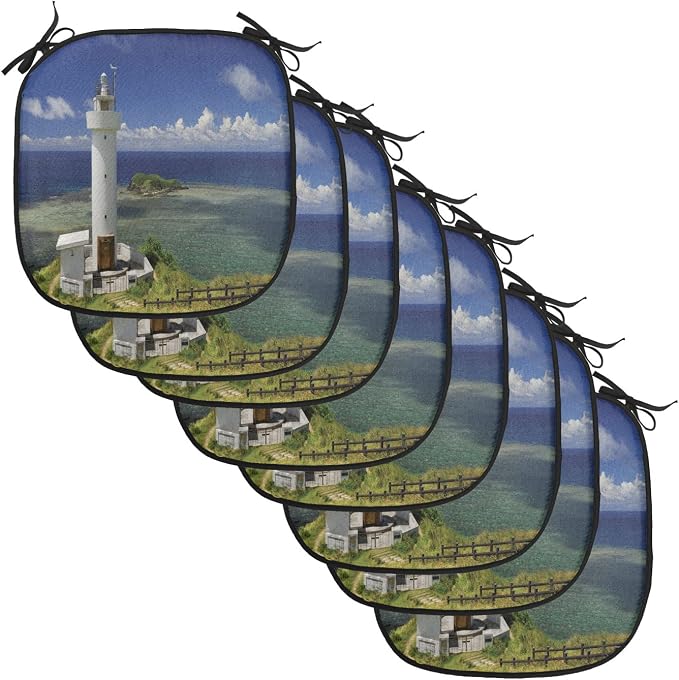 Lunarable Lighthouse Chair Cushion Pads Set of 8, Hiracbosaki Lighthouse Seaside Greenery Clouds Travel Destinations, Anti-Slip Seat Padding for Kitchen & Patio, 16"x16", Navy Blue Green White