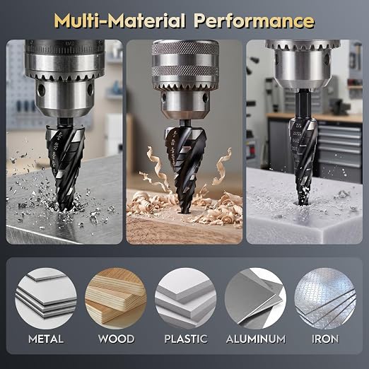 3PCS Titanium Step Drill Bit - Four Spiral Flute HSS Step Bit, Sizes from 1/8" to 7/8" with 1/4" Hex Shank, Steps Bits for Metal, Aluminum, Wood & Plastic, for Electricians & DIY