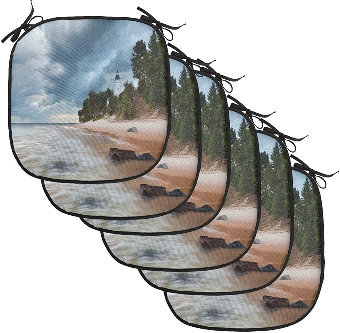 Lunarable Lighthouse Chair Cushion Pads Set of 6, Au Sable Lighthouse in Pictured Rock National Lakeshore Michigan USA, Anti-Slip Seat Padding for Kitchen & Patio, 16"x16", Blue Green Cinnamon