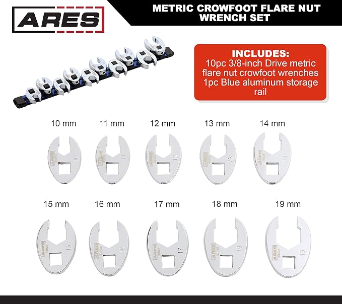 ARES 33010 - 10-Piece Metric Flare Nut Crowfoot Wrench Set
