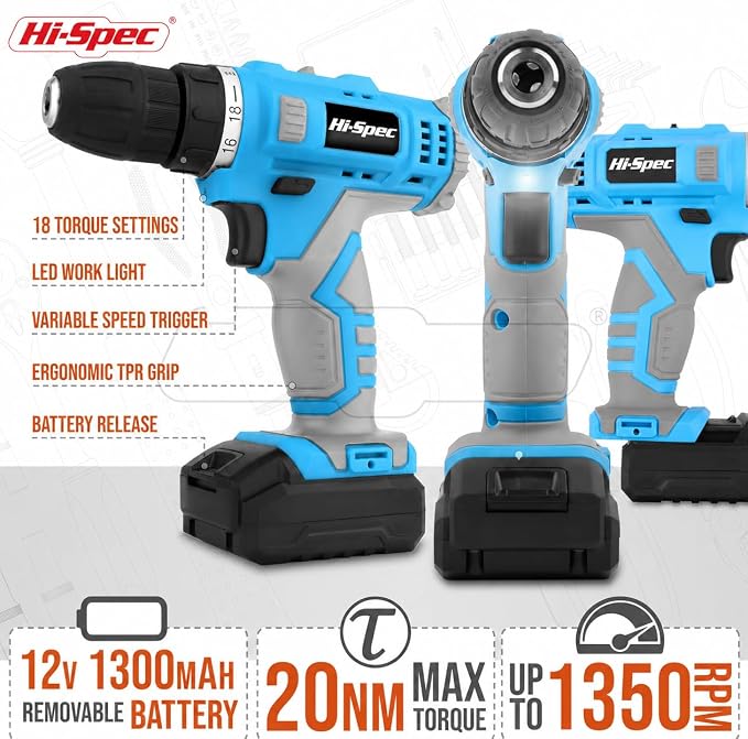 Hi-Spec Cordless Drill Set 50pc 12V Electric Power Driver in a Toolbox Case. Includes Rechargeable Battery, Power Screwdriver Bits, Wood, Metal, and Masonry Drill Bit Set Accessories