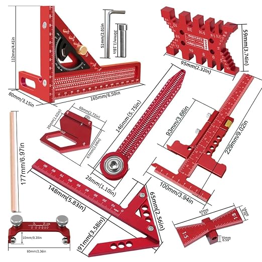 Woodworking Measuring Tools with Box, Aluminum Scribeing Ruler, Multi-Purpose Marking Ruler, Precision Layout Measuring Tool Carpentry Square Kits for Engineer Carpenter (9pcs with Box)