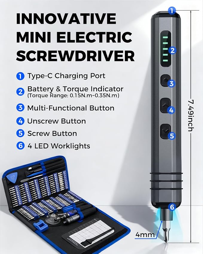 Mini Electric Screwdriver Set 140-IN-1: UnaMela Small Electric Screwdriver Cordless - 120 Precision Bits, 5 Torque Settings, LED Light, Magnetic Power Screwdriver Repair Tool Kit for PC RC Electronics