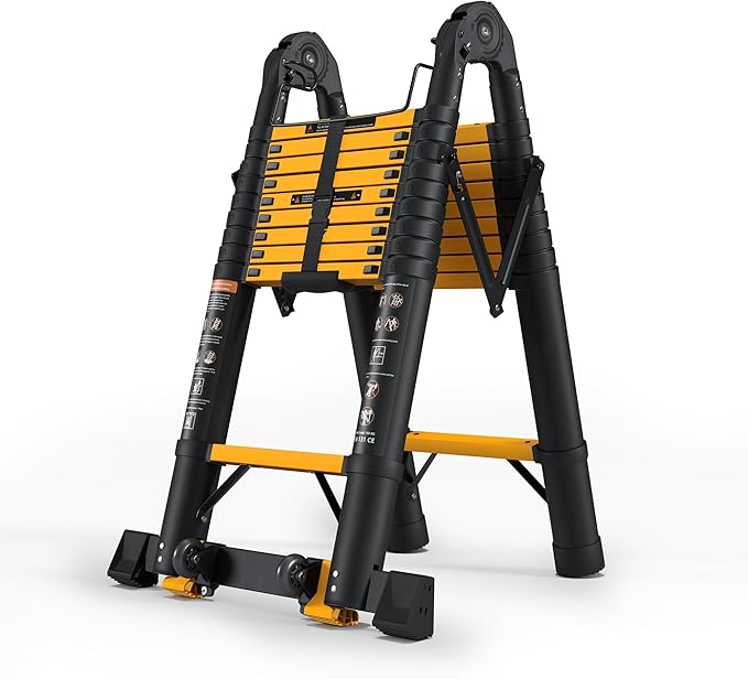 SINMEIRUN Telescoping Ladder, 20.3 FT, A Frame, Aluminum Extension Ladder, 330 lbs Capacity, Collapsible Multi-Purpose Ladder for Home, Roof and RV; Yellow