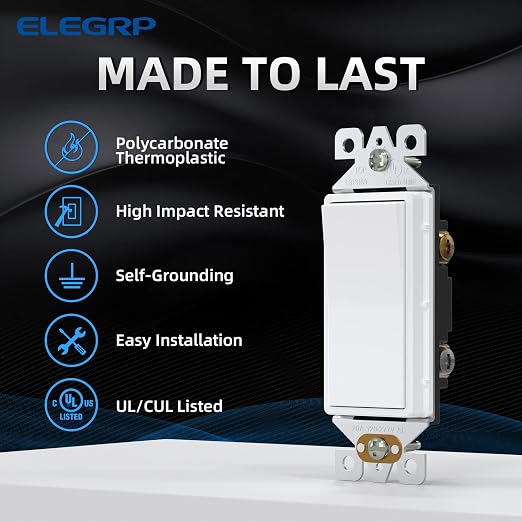 ELEGRP 3 Way Decorative Light Switch, 15Amp, 120-277 Volt, AC Decorator Rocker Paddle Wall Switch Replacement, Self-Grounding, Residential and Commercial Grade, UL Listed (20 Pack, Glossy White)
