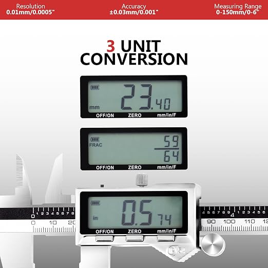Rechargeable Caliper 12 inch, Stainless Steel Vernier Micrometer Measuring Tool with Large LCD Display