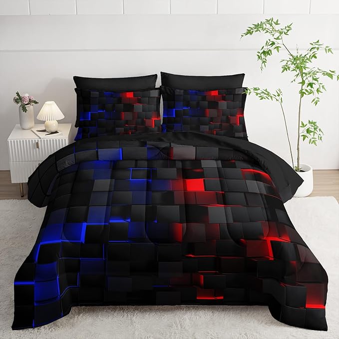 Nttopship Red and Blue Checkered Comforter Set Twin Honeycomb Bedding Sets,Light Honeycomb Bedding Set 7 Piece in A Bag,Bed Sheet Set Geometry Decor,Microfiber Lightweight All Season