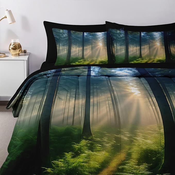 Nesker Comforter Set Twin Size, Sunlit Forest Nature 5 Pcs Bedding for Kids and Adults, Misty Tree Forest Bed Sheet Sets with Fitted Sheet Pillowcase & Sham
