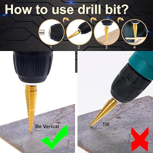 Step Drill Bit Set for Metal- 5PCS Titanium 4241 HSS Step Bit with Two Straight Flutes, 50 Sizes from 1/16" to 1-3/8" for Aluminum, Wood & Plastic, Unibit for Electricians & DIY