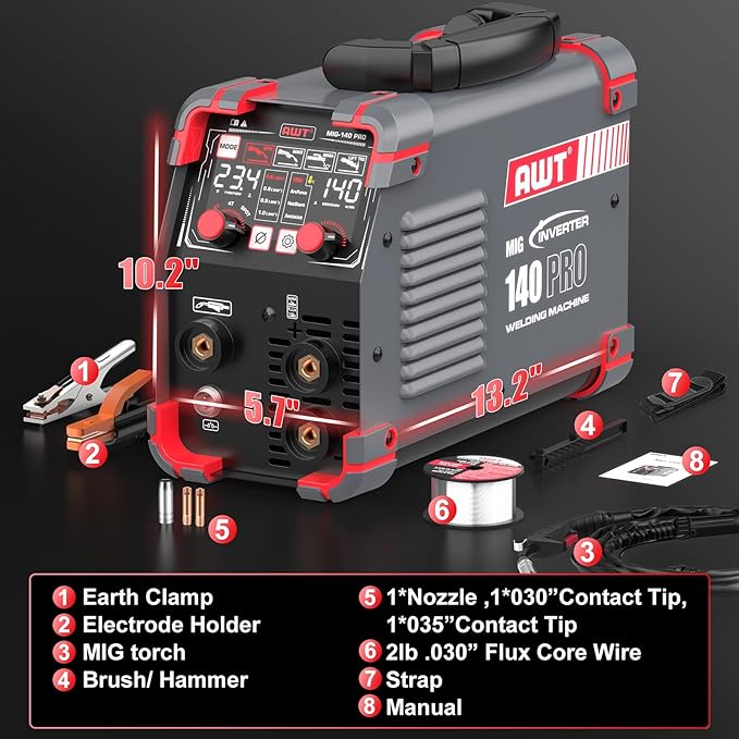 AWT LED Digital Display 140Amp MIG Welder Flux Core MIG Welder/Stick/Lift TIG 3 in 1 Welding Machine,Welder Machine 110V With Synergy IGBT Inverter, Portable Gasless Welder Equipment