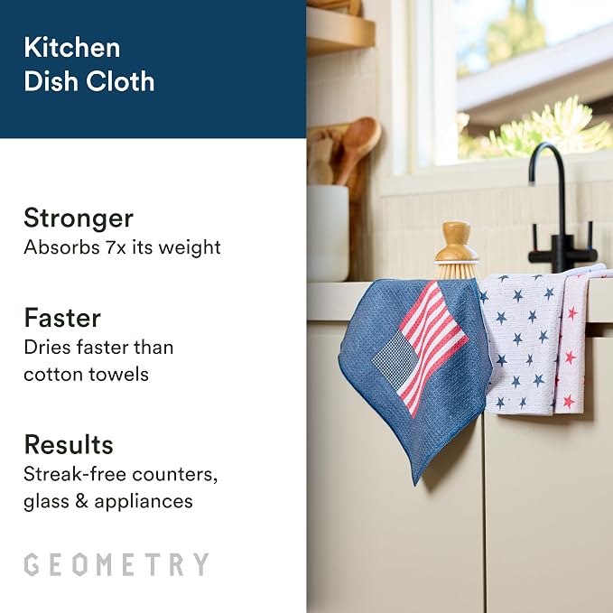 GEOMETRY Dishcloth – Patriotic Collection – Quick-Dry, Ultra-Absorbent, Reusable Microfiber Kitchen Towels for Drying & Cleaning - Old Glory - 3-Pieces