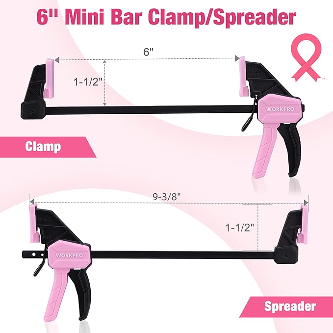 WORKPRO 6" Mini Bar Clamps for Woodworking, 2-Pack One-Handed Clamp/Spreader, Light-Duty Screw-Change F Clamp with 50lbs Load Limit, Pink Ribbon