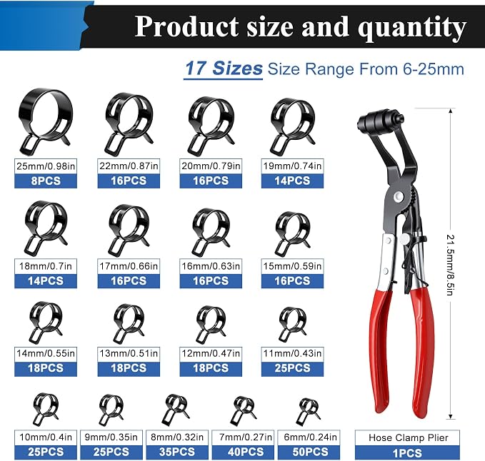 370Pcs 6-25mm Spring Hose Clamps Assortment Kit with 45° angle Hose Clamp Plier - 17 Sizes Constant Tension Hose Clamps for Fuel Line Silicone Vacuum Hose Low Pressure Air Clamps