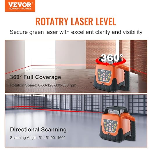 VEVOR Rotary Laser Level 1650ft,360 Degree Self Leveling Red Cross Line Laser,5 Rotation Speeds&4 Scanning Angles Adjustment,IP66 Waterproof Remote Control Manual Self-leveling Mode,Battery Included