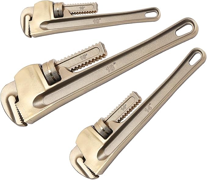 WEDO Non-Sparking Pipe Wrench Set,10" 14" 18",3PCS Spark-Free Straight Plumbing Wrench Set, No Spark Safety Adjustable Spanner, Aluminum Bronze,Corrosion Resistant,DIN/BAM/FM Standard