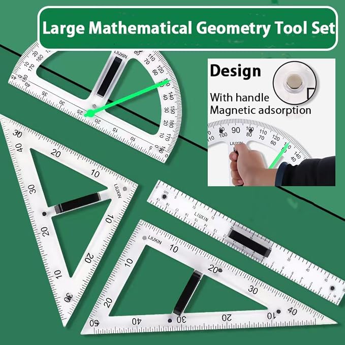 Magnetic Geometry Tool Set Clear Drafting Tools Mathematics Protractor, Triangular Scale Ruler Math Classroom Teaching Measurement Set Oversized Ruler (Transparent 2-Piece Set)