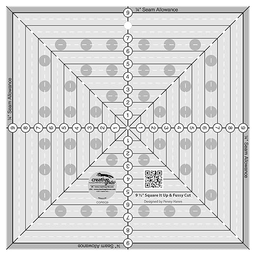 Creative Grids 9-1/2in Square It Up or Fussy Cut Square Quilting Ruler – CGRSQ9 – Made in USA, Non-Slip Grip Acrylic Quilting, Sewing, Crafting, Patchwork Ruler & Template