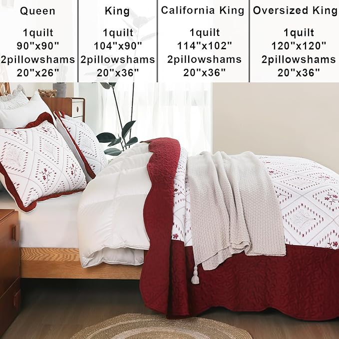 Cmfshape Floral Embroidery Quilt Set,3 Pieces California King Quilt Bedding Set,Classic Diamond Pattern Quilts,Ultra Soft Lightweight Reversible Bedspread Coverlets for All Season(Burgundy,114"x102")