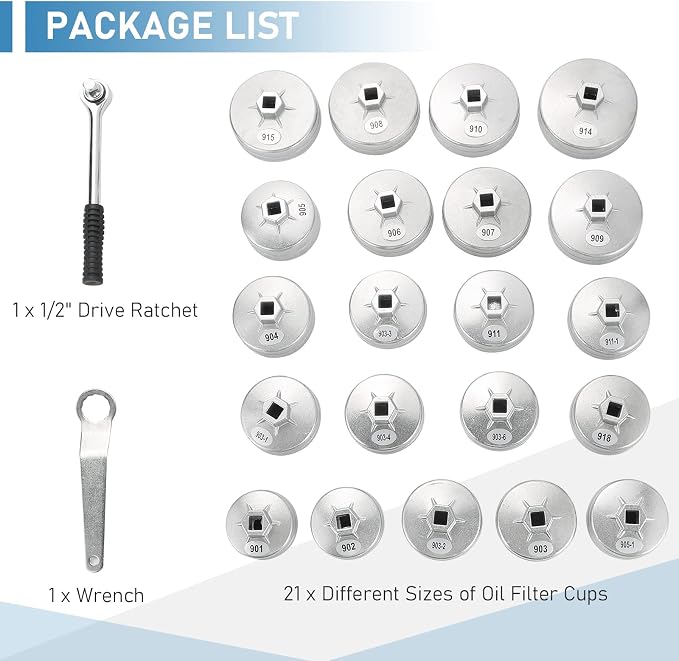 ATPEAM 23pcs Aluminum Alloy Cup Type Oil Filter Cap Wrench Socket Removal Tool Set 1/2" dr.