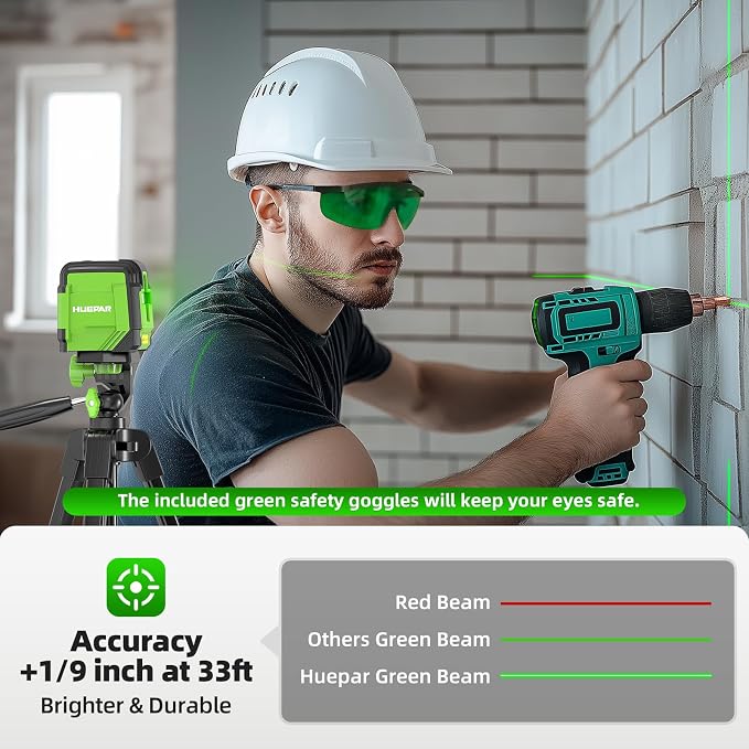 Laser Level with 60in Tripod, HUEPAR 98Ft Self Leveling Laser Level Green Line Laser Cross Line Laser Leveler Tool for Picture Hanging, Home Renovation, Indoor Project, Battery&Carrying Bag Included