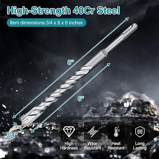 3/4 Inch x 8 Inch SDS Plus Rotary Hammer Drill Bit, Cross Tip Double Threaded Carbide Tipped for Concrete, Brick, and Stone (3/4" x 6" x 8")