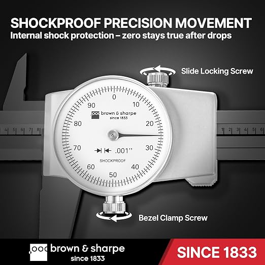 Brown & Sharpe 8-Inch Dial Caliper – Precision Stainless Steel Measuring Tool, White Dial, 0.001" Resolution, Hardened Construction, Shockproof Movement.