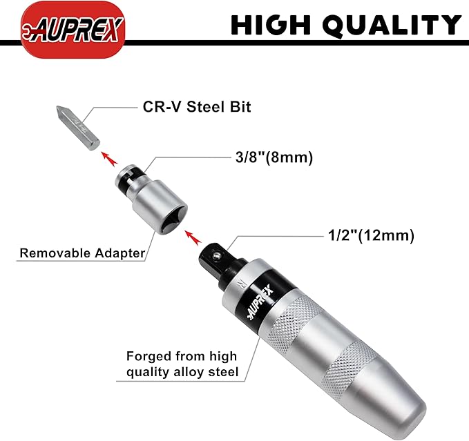 AUPREX Manual Impact Screwdriver, 1/2” Reversible Hand Impact Driver Set, Hammer Screwdriver with 12-Piece CR-V Slotted, Phillips, Hexagonal Bits Set for Removing Rusted Fasteners or Frozen Bolts