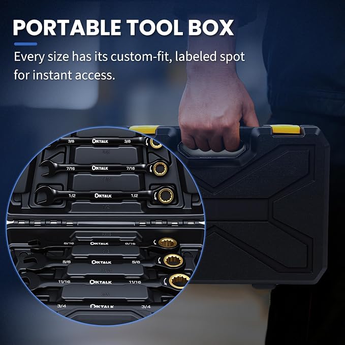 8PCS SAE Ratcheting Wrench Set, 72-Tooth Combination Wrench Set, 5/16"-3/4" | 5-Degree Swing Arc for Tight Spaces,CR-V Steel, Rust-Resistant Black Finish with Storage Organizer